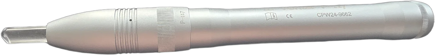 The Perlux P-117 light pen with a clear glass rod seated in its tip, tip to the left